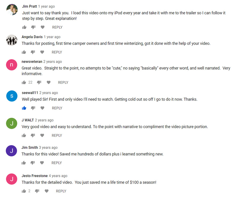 YouTube comments from How to Winterize Your Travel Trailer Video.